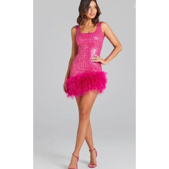 NADINE MERABI Hot Pink Evie Sequin Feather Trim Mini Dress Sz 6 Small Prom - Picture 8 of 16
